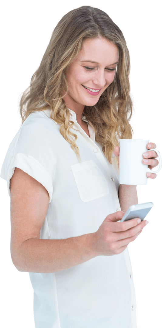 Smiling Woman with Smartphone and Coffee on Transparent Background