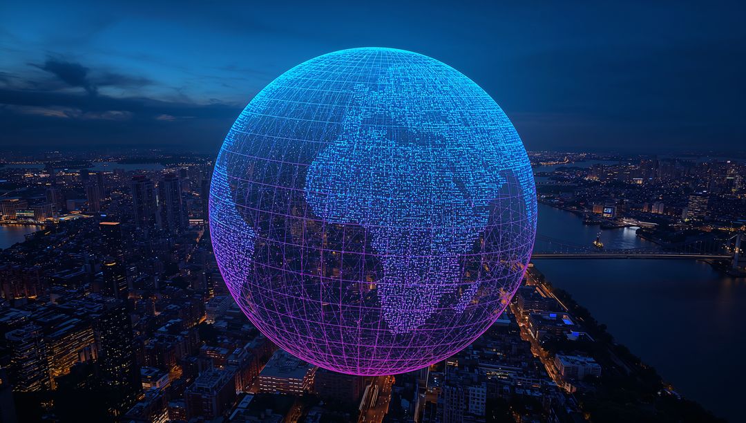 Hovering Holographic Globe Projecting Neon Wireframe Grid Over Riverfront City at Dusk