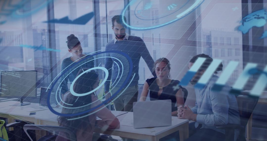 Team Collaborating on Digital Data Analysis in Modern Office Setting