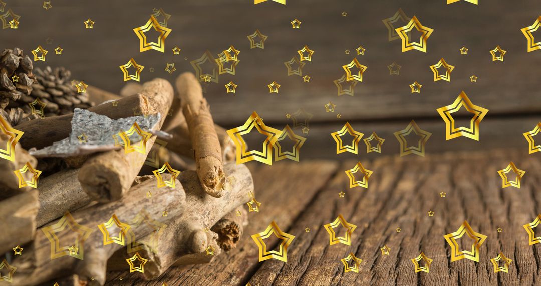 Falling Stars Above Pine Cones on Rustic Wooden Table