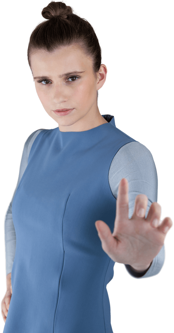 Transparent Woman Gesturing with Serious Expression
