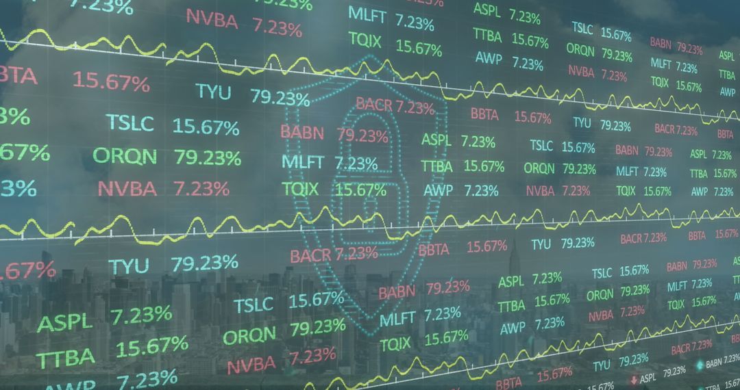 Digital Lock Overlay with Financial Data Represents Cybersecurity