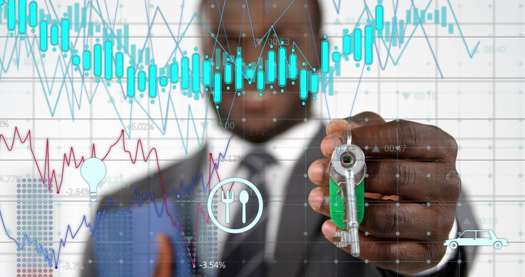 Businessman with Keys Amidst Financial Data Visualization
