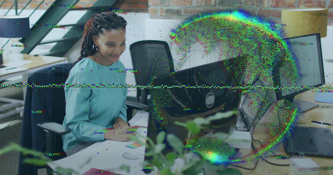 Businesswoman Focusing in Open Plan Office Surrounded by Tech Elements