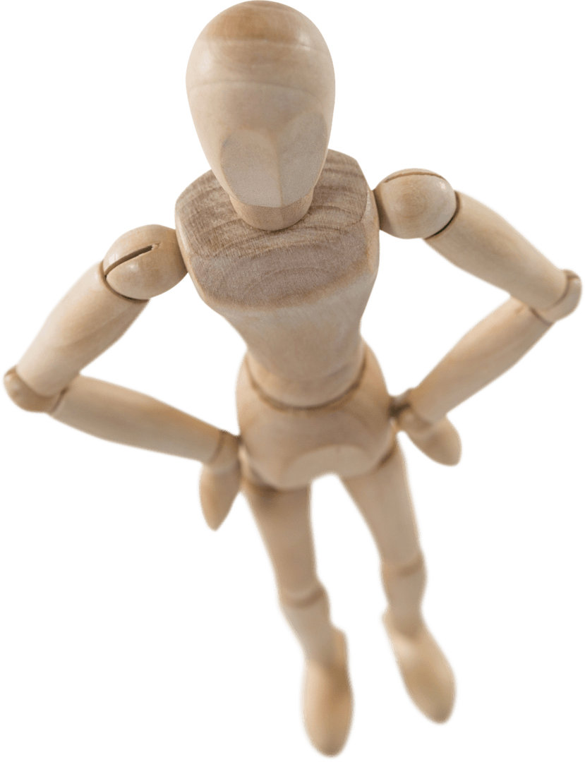 Transparent Wooden Figure in Dynamic Pose on Clear Background