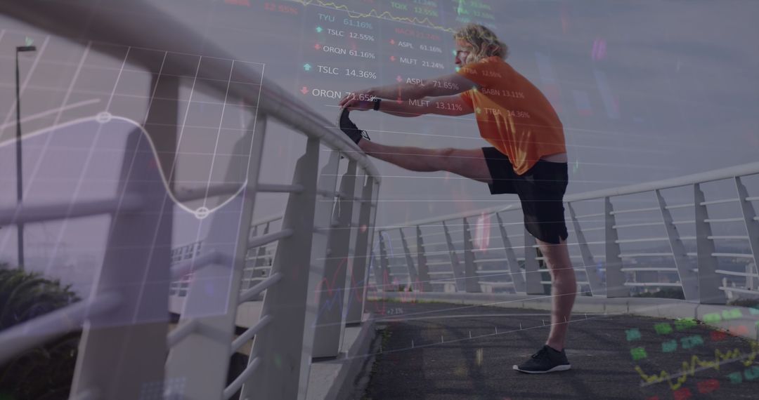 Man Stretching Overlay with Stock Market Data Trends