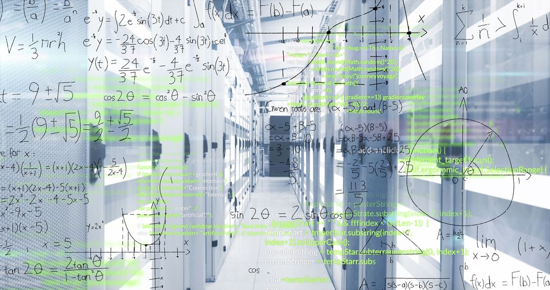 Futuristic Data Center with Technological Overlays and Fluorescent Lighting
