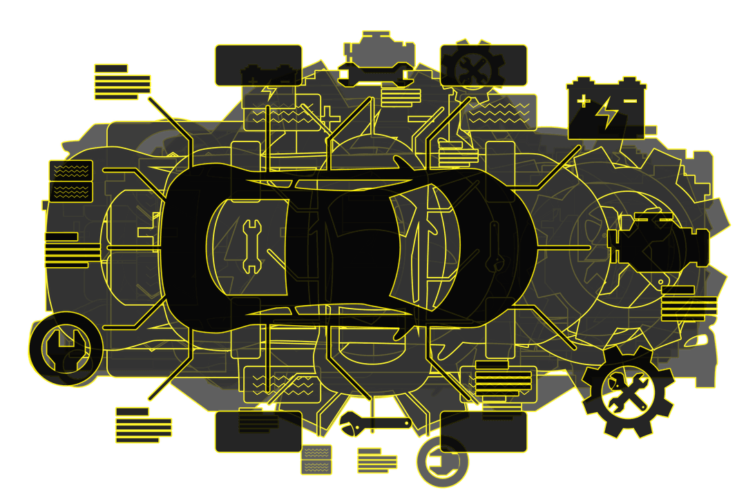 Digital Car Blueprint with Mechanic Parts on Transparent Background