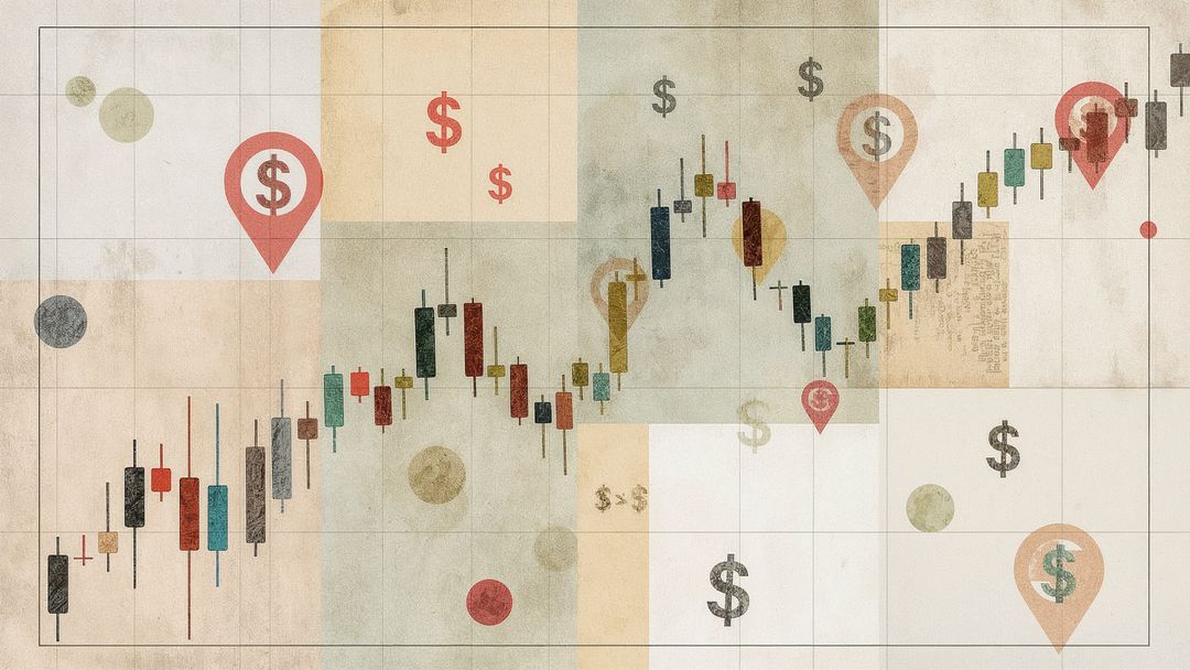Rising Candlestick Chart with Dollar Icons on Textured Grid