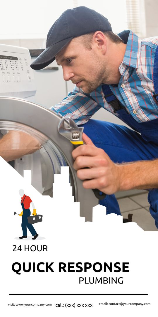 Professional Repairman Fixing Washing Machine for Emergency Plumbing Services - Download Free Stock Templates Pikwizard.com