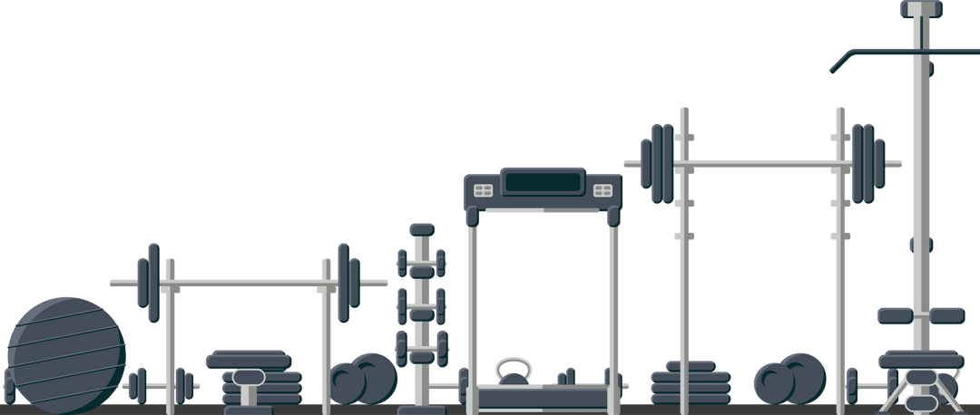 Gym Equipment Lineup on Transparent Background with Cardio and Weights