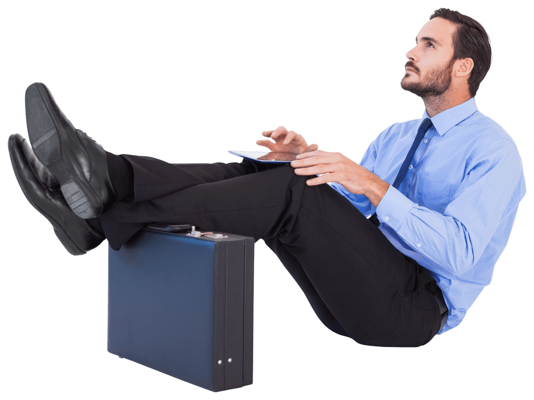 Transparent Businessman Relaxing with Tablet on Briefcase