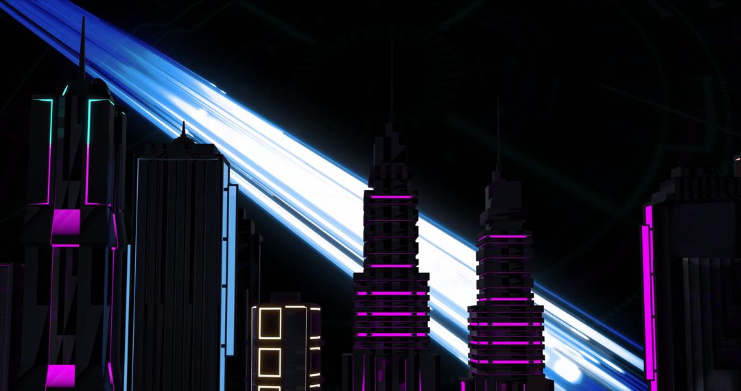 Futuristic Cityscape with Neon Illumination and Light Beams