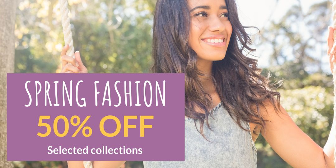 Smiling woman swinging among trees promoting spring fashion sale