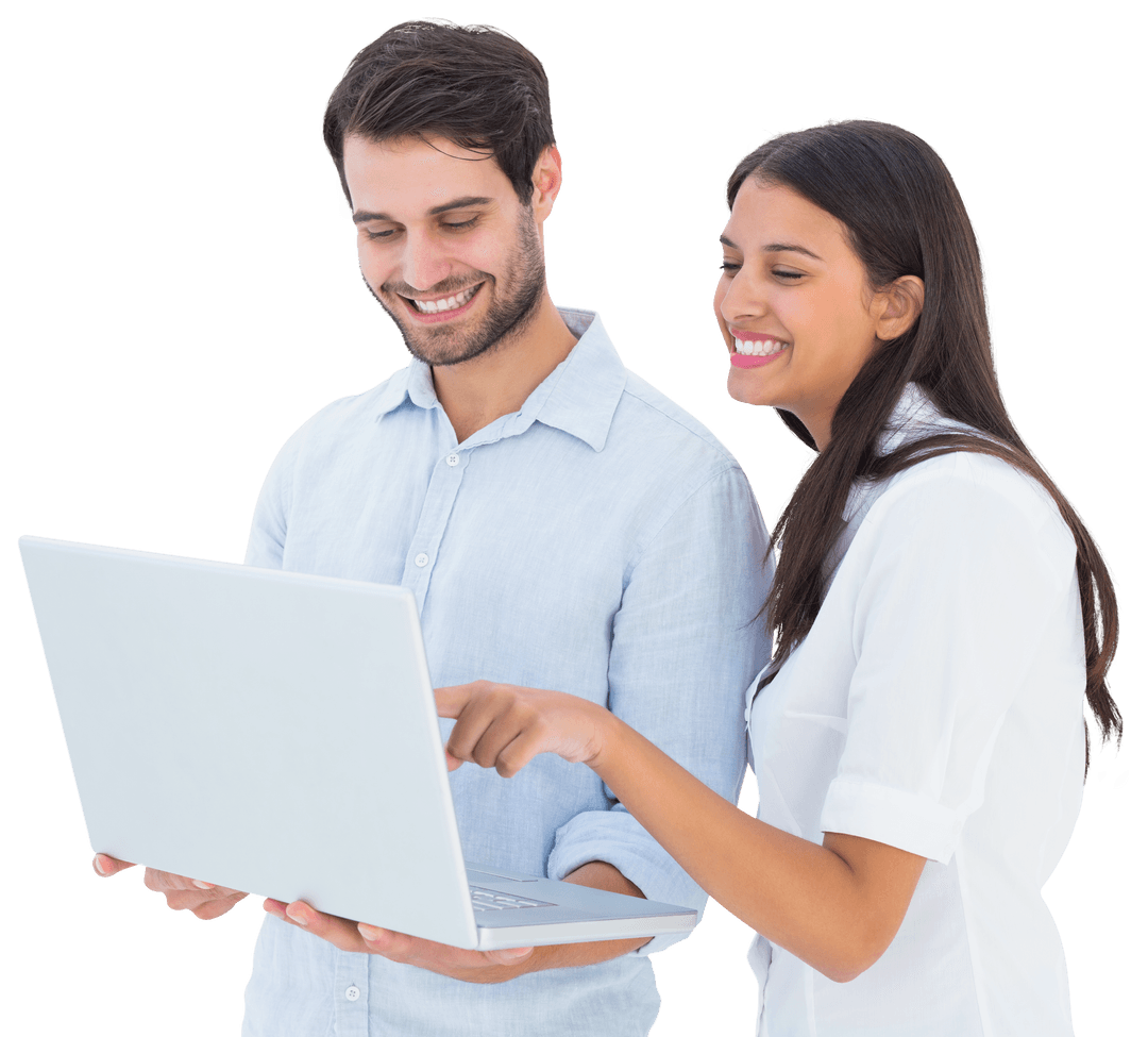Smiling Couple Collaborating on Laptop with Transparent Background