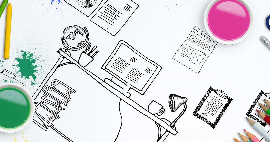 Creative Home Office Desk Doodle with Art Supplies