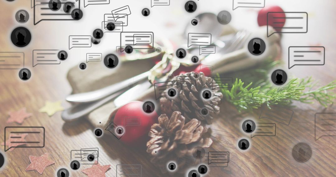 Rustic Holiday Table Center Featuring Pine Cones, Red Baubles and Social Chat Overlay