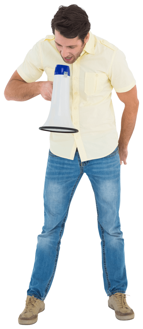 Curious Young Man Shouting Through Transparent Megaphone