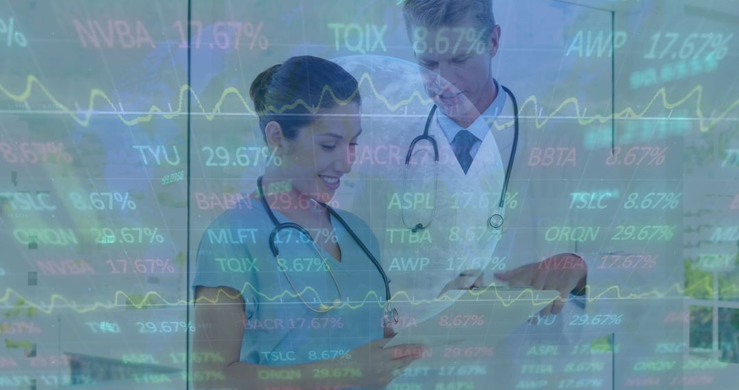 Doctors Analyzing Digital Data Mix on Transparent Screen