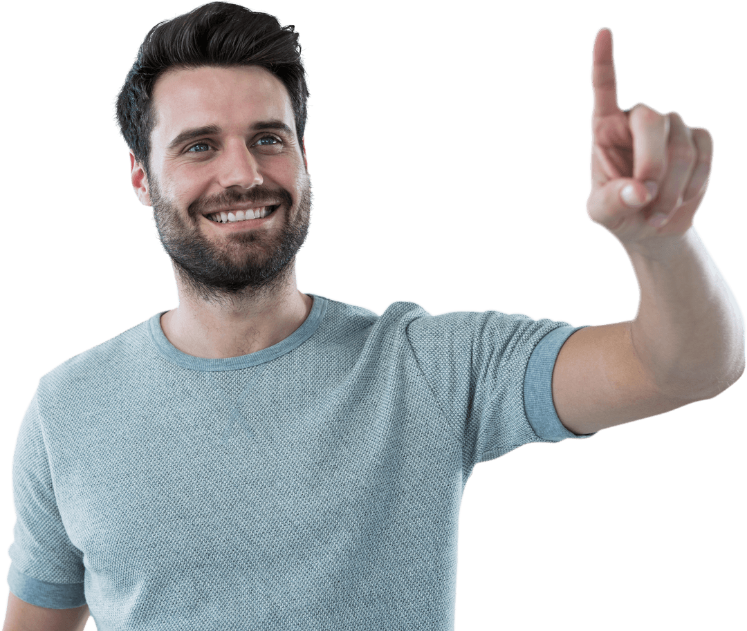 Smiling Caucasian Man Pointing Finger on Transparent Background