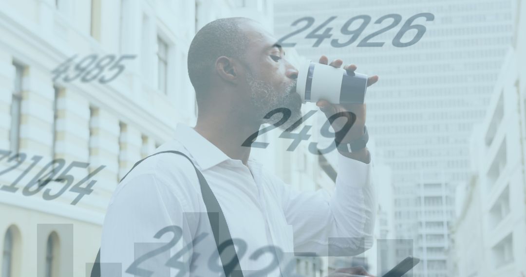 Image of graphs and changing numbers, senior african man using cellphone while drinking coffee - Free Images, Stock Photos and Pictures on Pikwizard.com