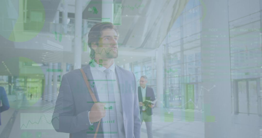 Businessman Analyzing Financial Interface in Modern Office