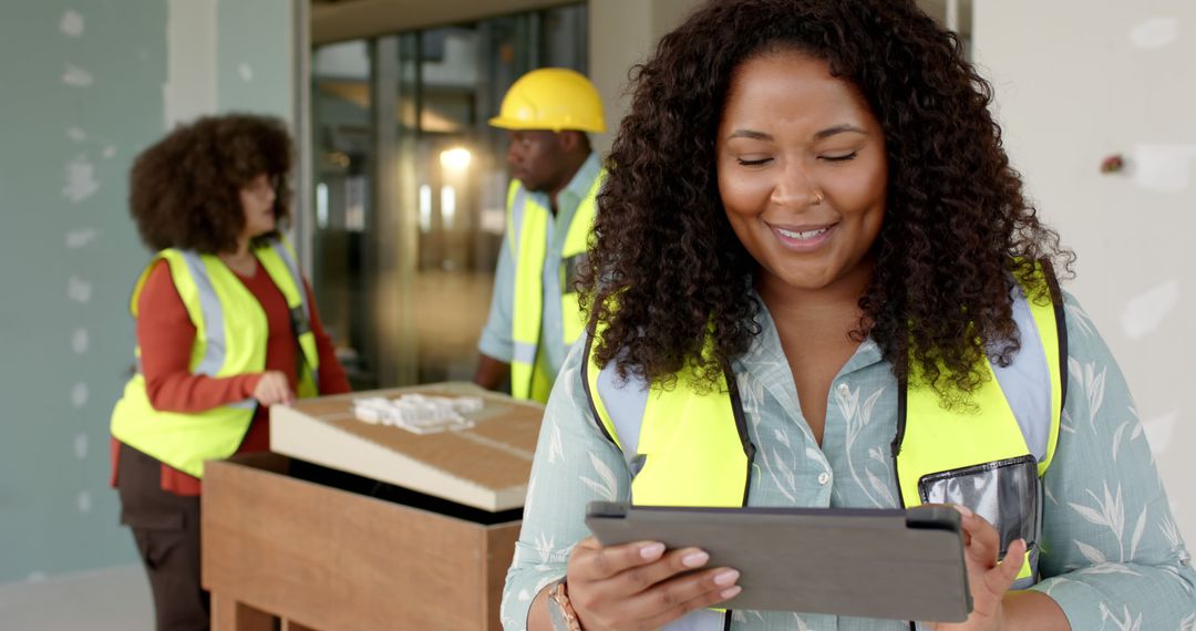 Smiling Female Architect Using Tablet on Construction Site - Free Images, Stock Photos and Pictures on Pikwizard.com