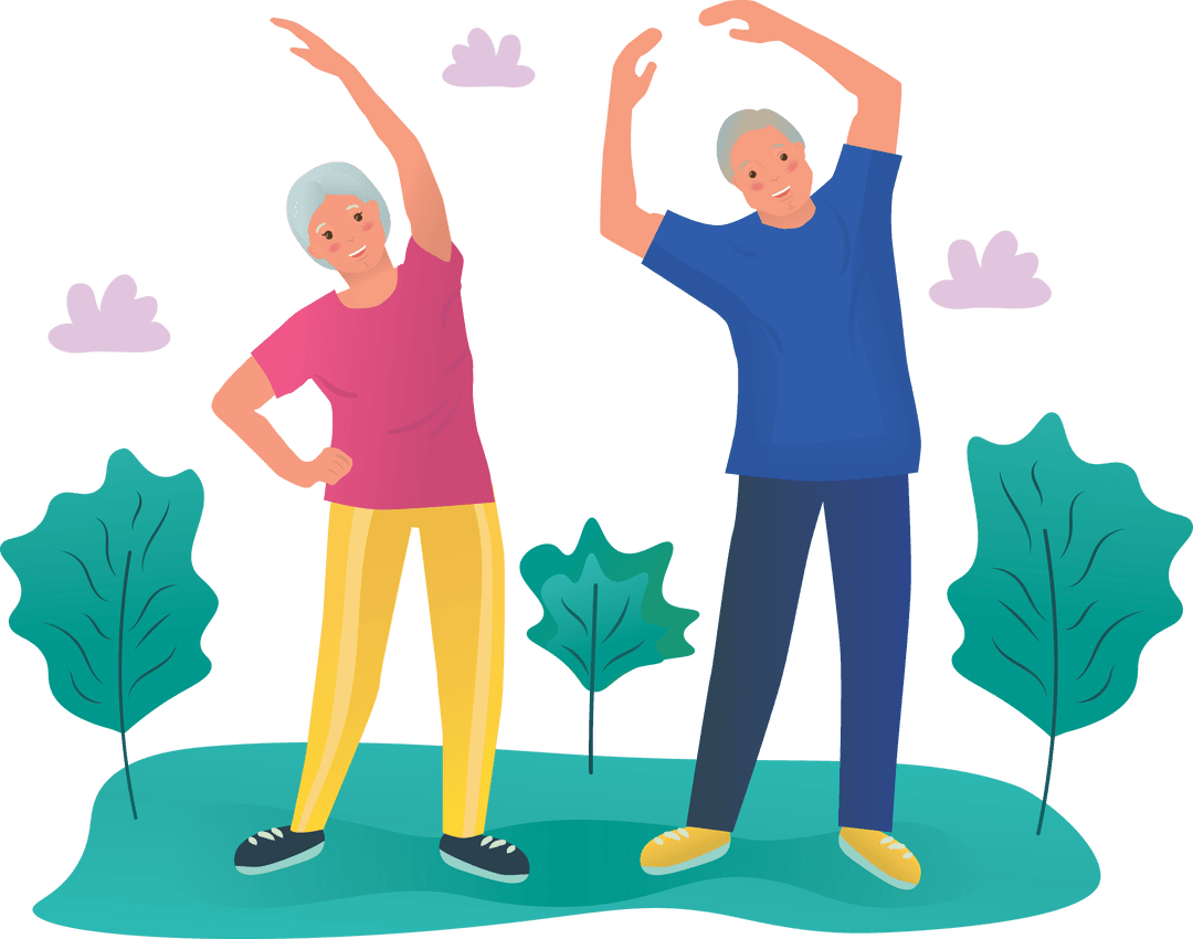 Cartoon Senior Couple Exercising on Transparent Background