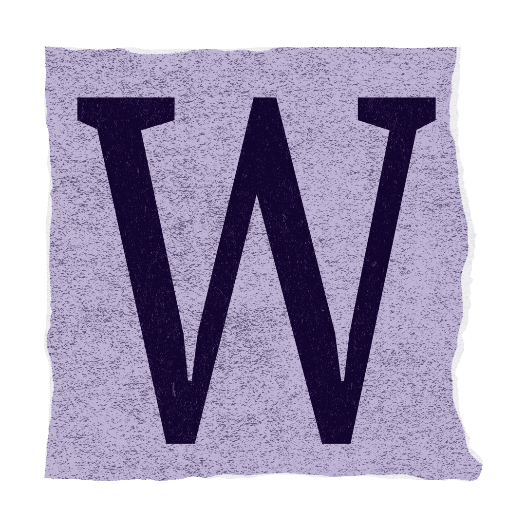 Bold Serif Letter W on Lavender Textured Paper with Torn Edges Transparent Background
