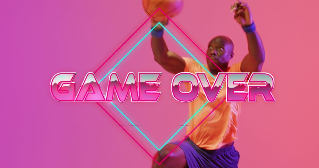 Neon Game Over Text with Basketball Player in Action