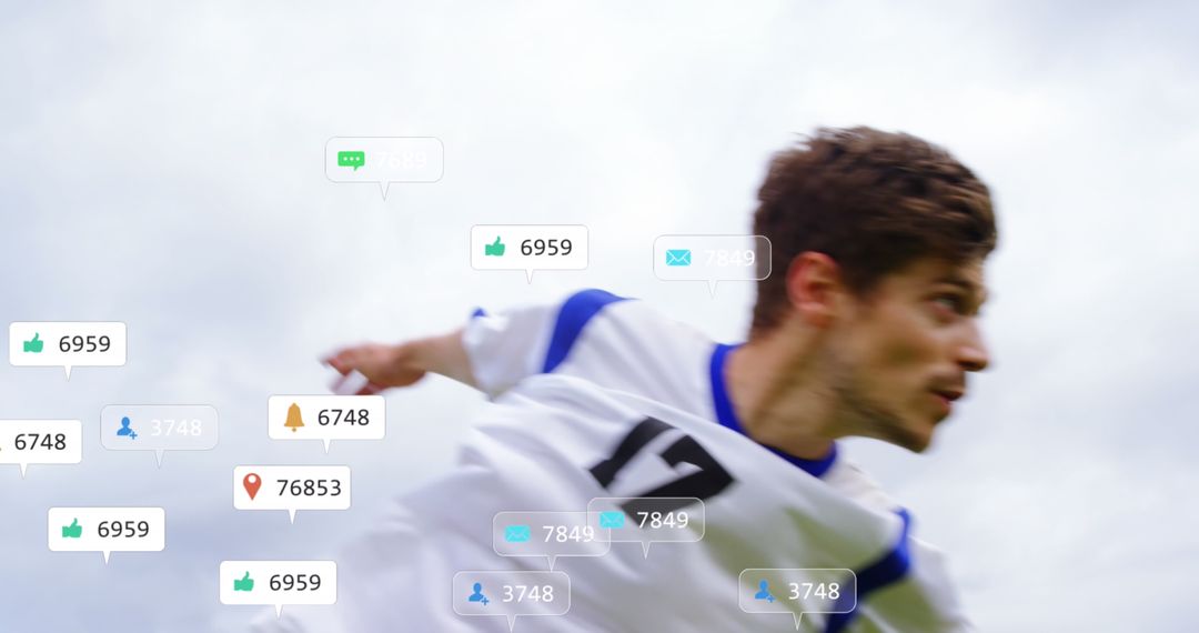 Caucasian Soccer Player Heading Ball with Social Media Notifications