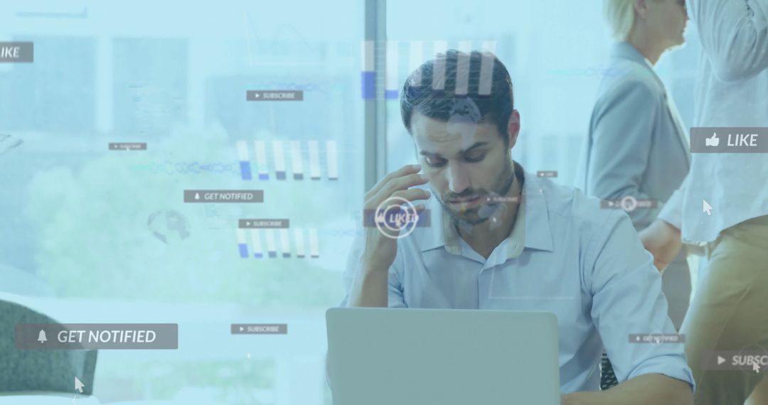 Man in Modern Office Facing Social Media Overload