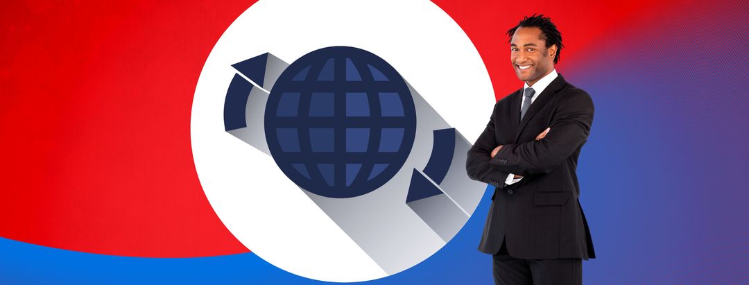 Businessman Standing Beside Stylized Globe for Global Networking Concept
