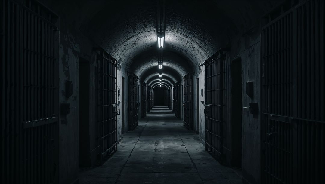 Dark Arched Prison Corridor Underground Exploring Dystopian Architecture
