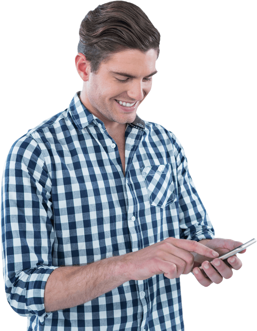 Smiling Man Using Smartphone and Wearing Plaid Transparent