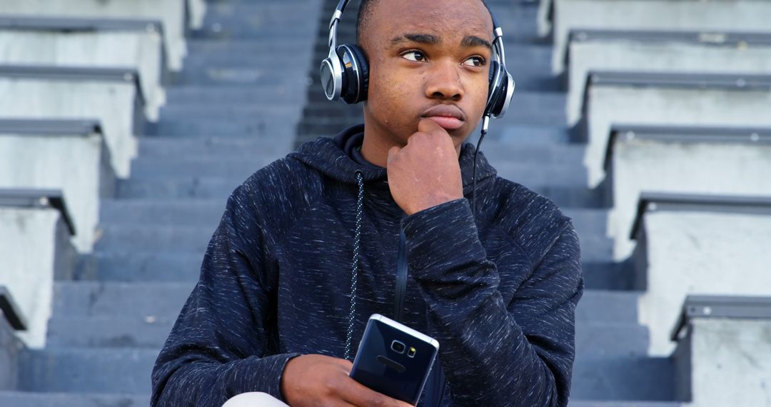 Young Man Sitting on Staircase with Headphones and Smartphone - Free Images, Stock Photos and Pictures on Pikwizard.com