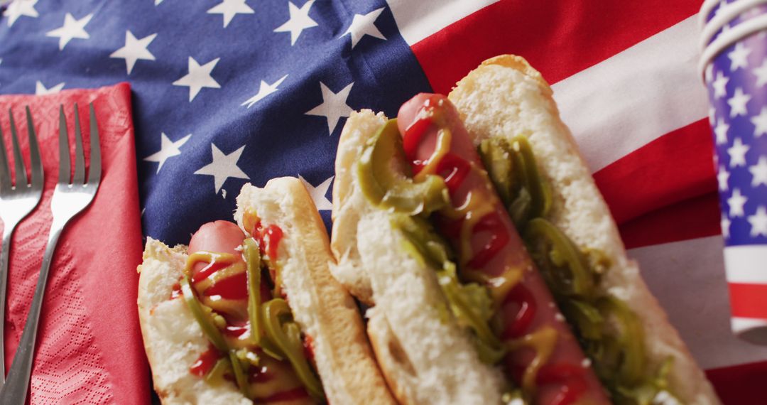 Image of hot dogs with mustard and ketchup over flag of usa - Free Images, Stock Photos and Pictures on Pikwizard.com
