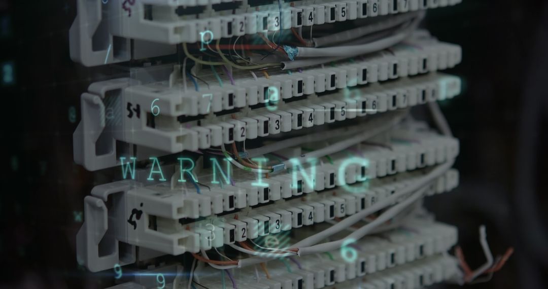 Cybersecurity Warning on Server Racks with Networking Wires