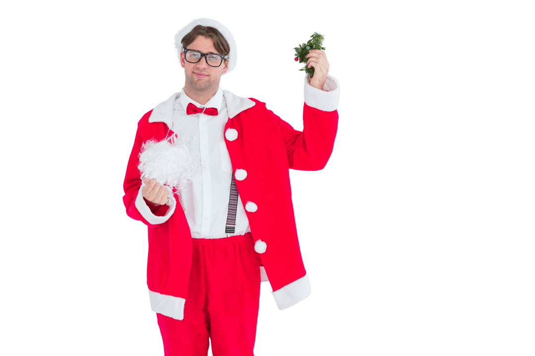 Geeky Hipster in Santa Costume Holding Mistletoe Fluffs with Humor