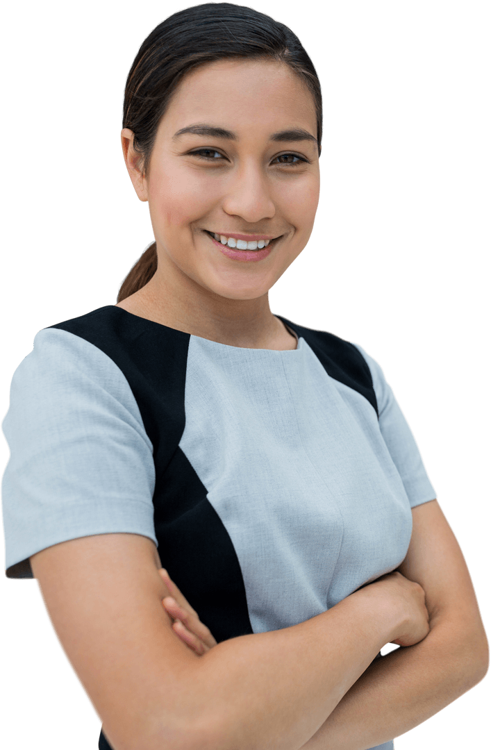 Transparent Confident Businesswoman Smiling with Arms Crossed