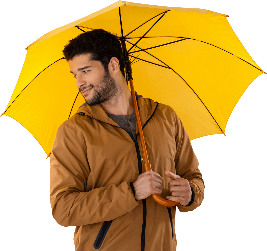 Man Smiling Holding Yellow Umbrella on Transparent Background