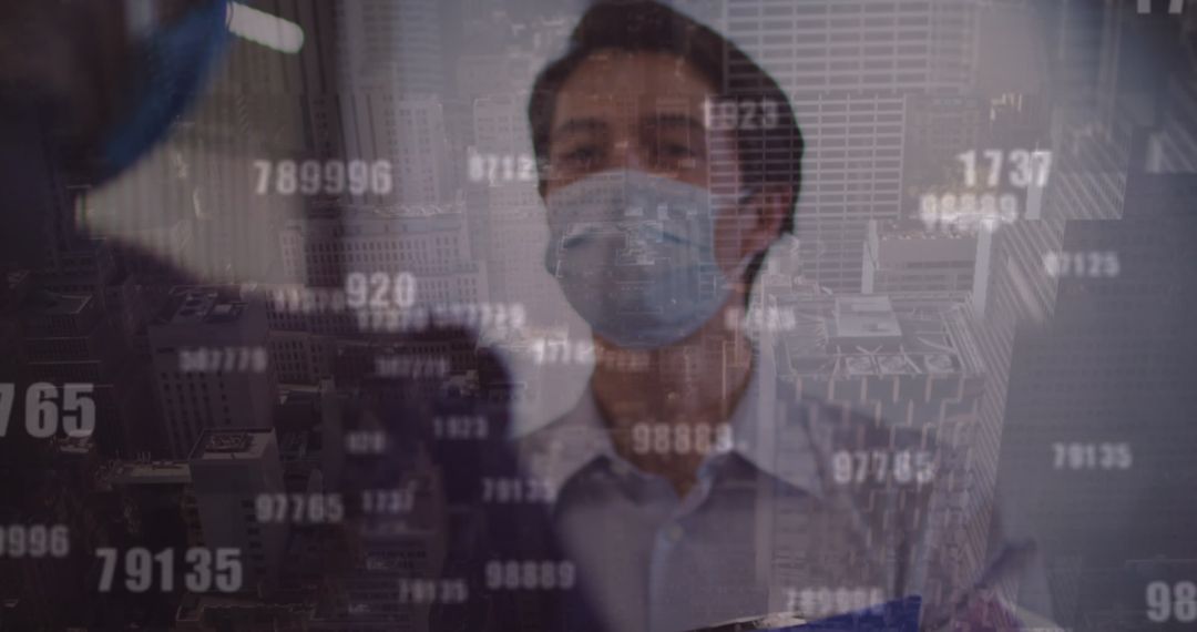 Masked Professionals Analyzing Digital Data Cityscape Fusion