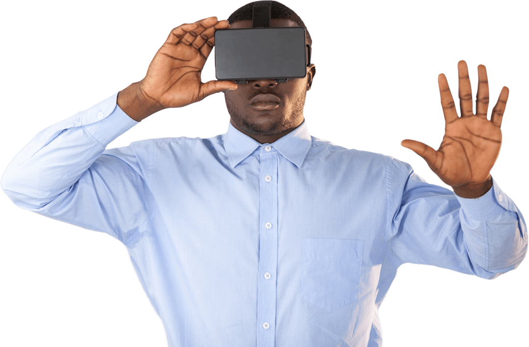 Transparent Background Man Utilizing VR Headset in Blue Shirt