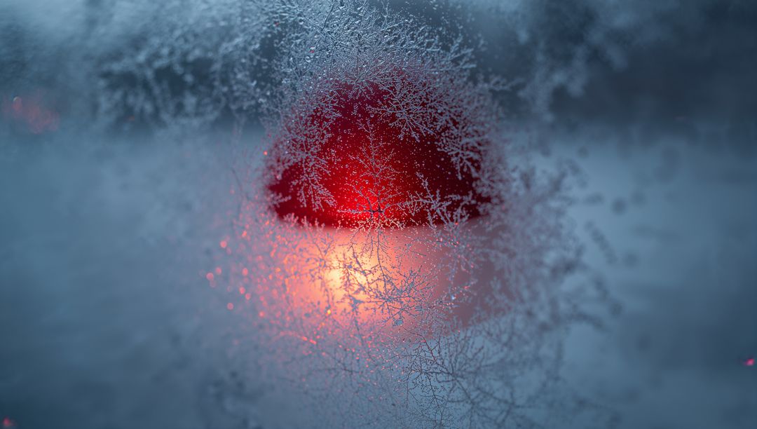 Frosted Window Revealing Warm Red-Orange Glow Through Dendritic Ice Crystals Nighttime