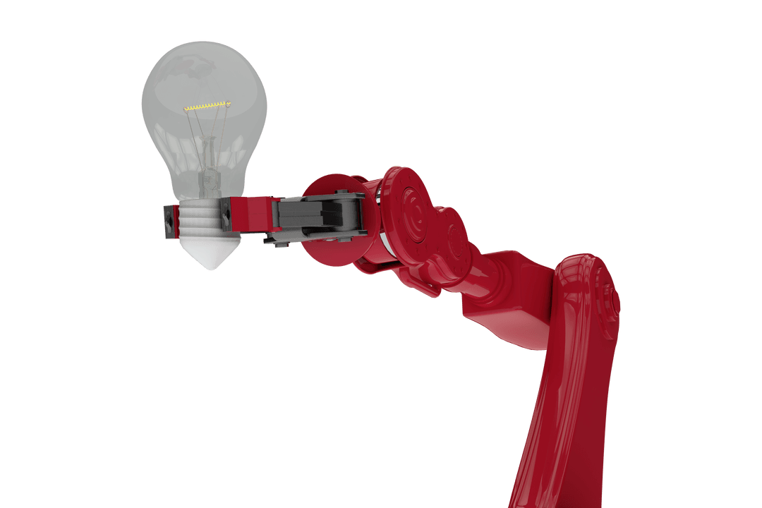 Robotic Arm Holding Bulb Illustrates Innovation on Transparent Background