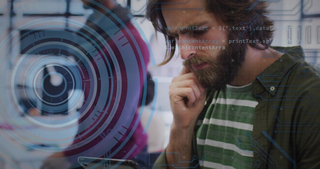 Man Analyzing Digital Data with Smartphone in Technology Lab