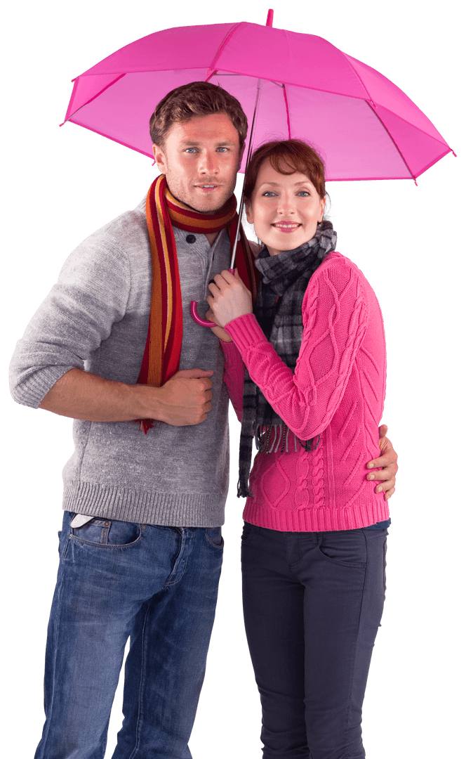 Happy Couple Standing with Pink Transparent Umbrella