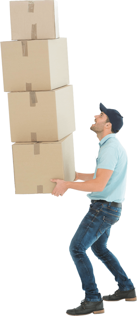 Transparent Image of Surprised Delivery Man Balancing Tall Stack of Boxes