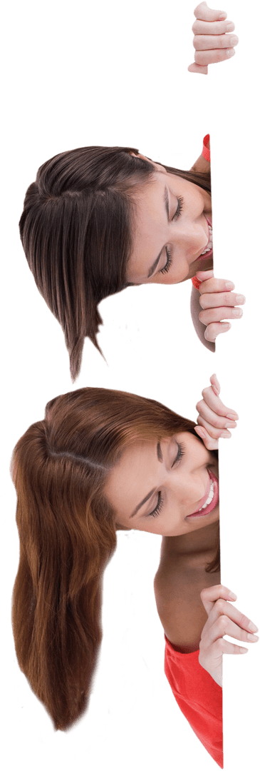 Smiling Friends Peeking Behind Transparent Board