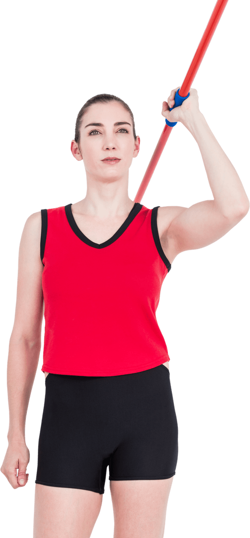 Female Javelin Athlete in Action with Red and Black Outfit on Transparent Background
